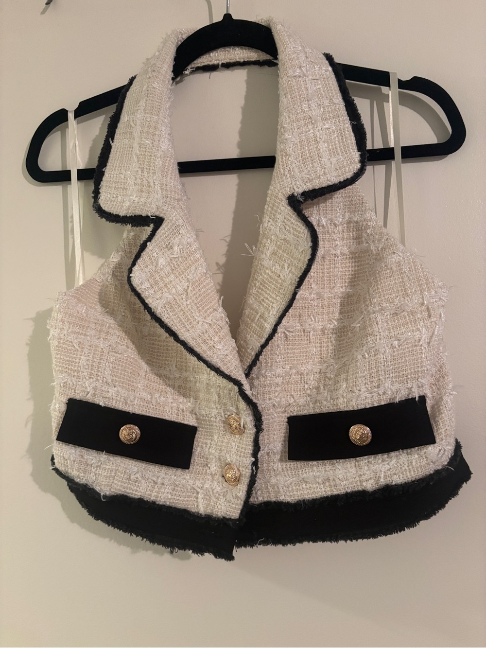 Cream Tweed Cropped Vest with Black Trim